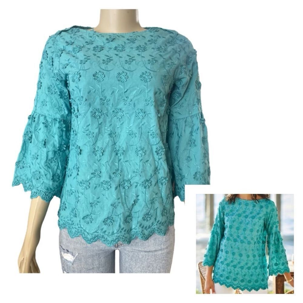 Soft Surroundings Teal Embroidered Rosalie Daisy Chained Blouse Size Petite XS